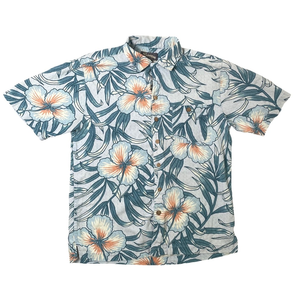 St Johns Bay Hawaiian Shirt Mens Medium Blue Floral 100% Silk Resort Vacation